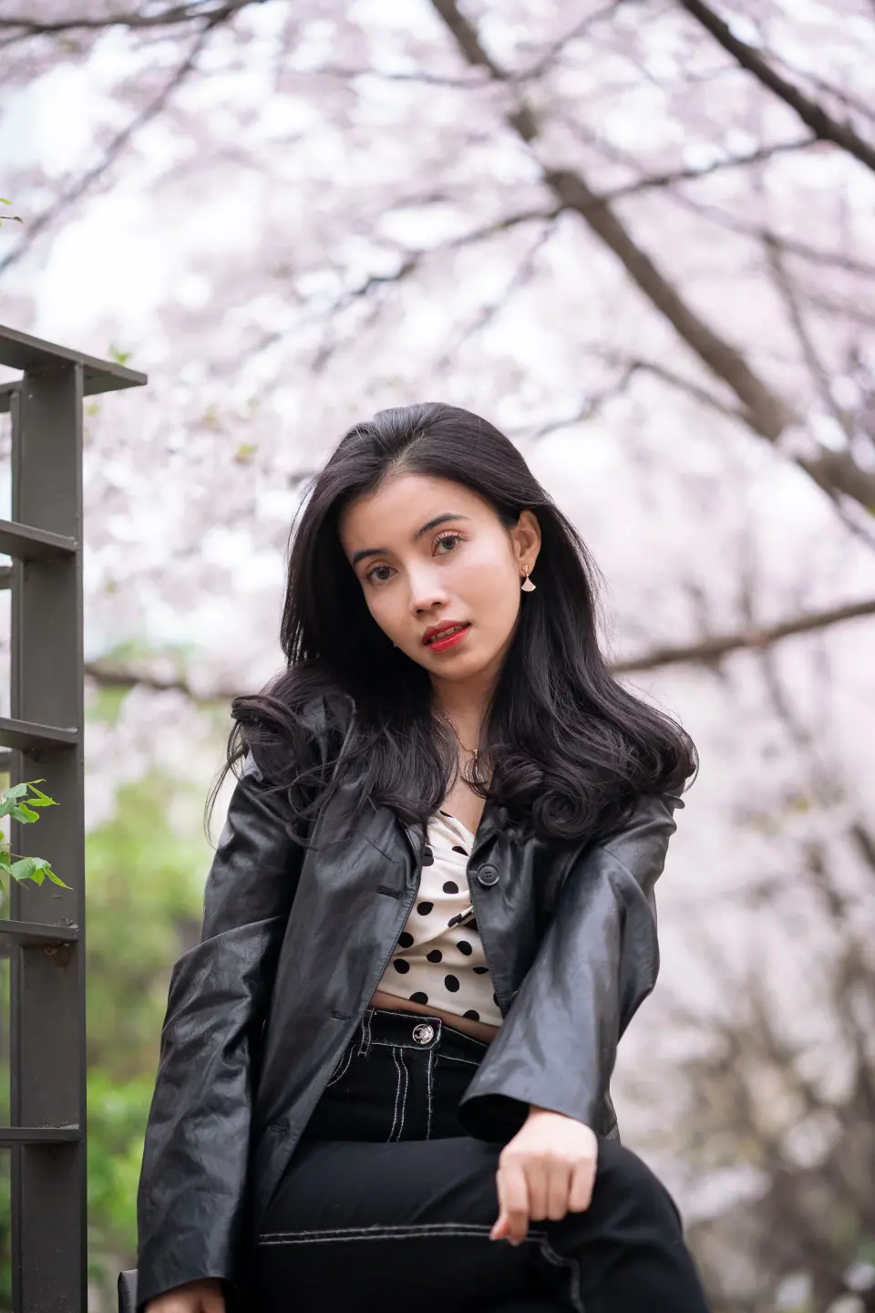 A woman in a leather jacket sitting under cherry blossoms