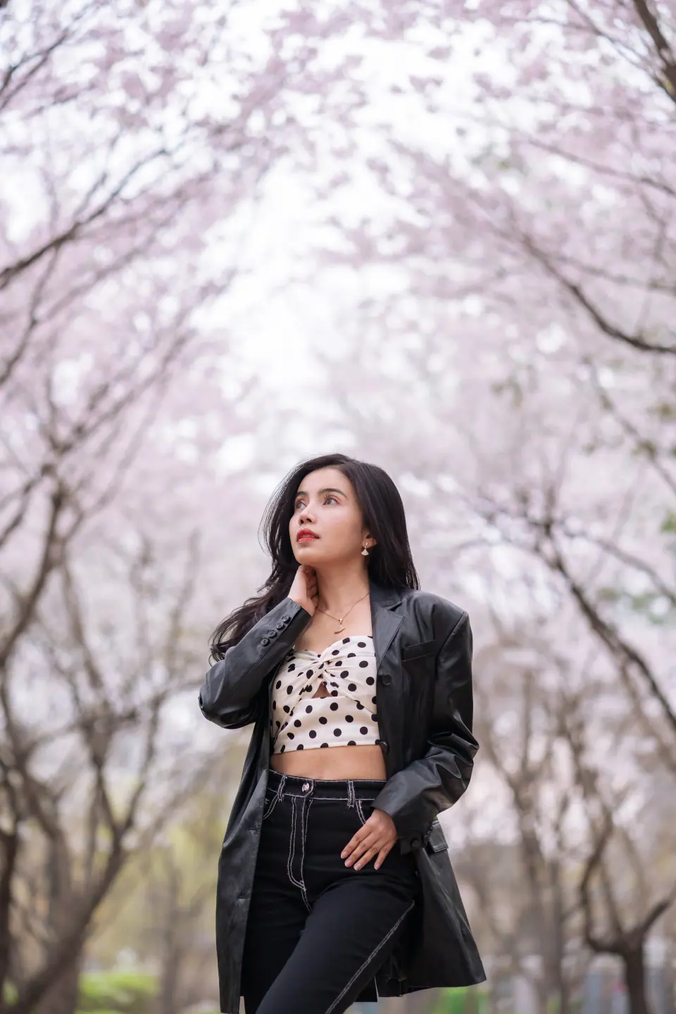 A woman in a leather jacket looking up among cherry blossom trees