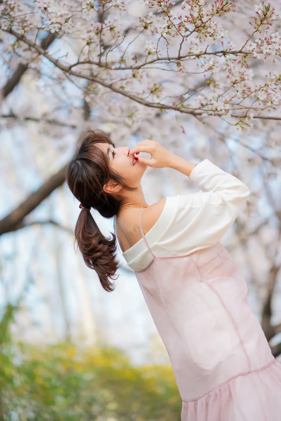 A woman in a pink dress leaning back under cherry blossoms