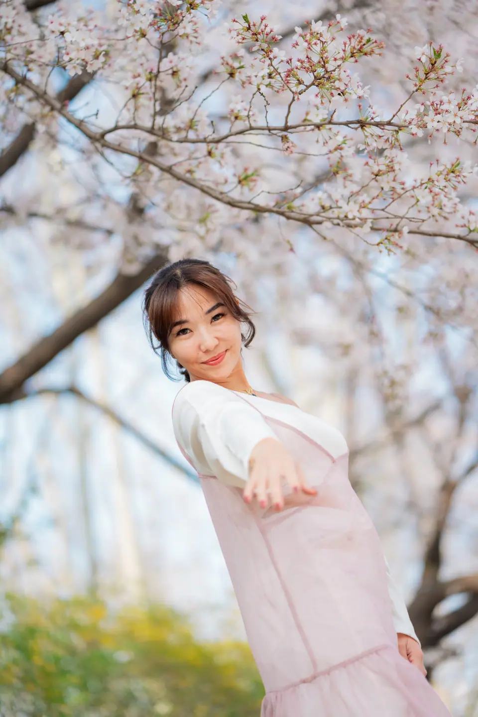 A woman in pink laughing beneath cherry blossoms