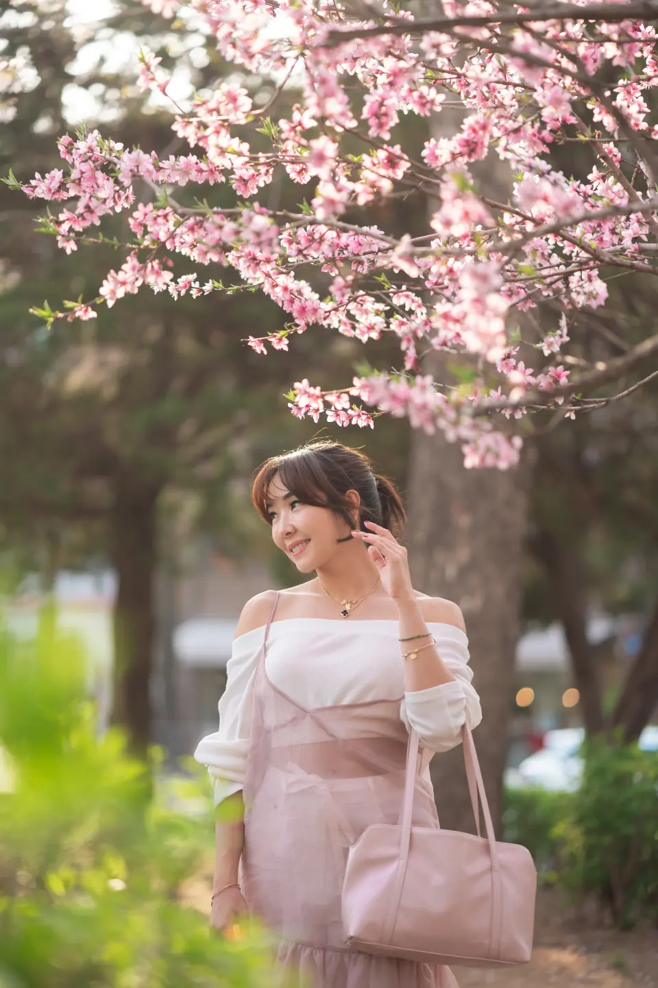 A woman with a pink bag under a blossoming cherry tree